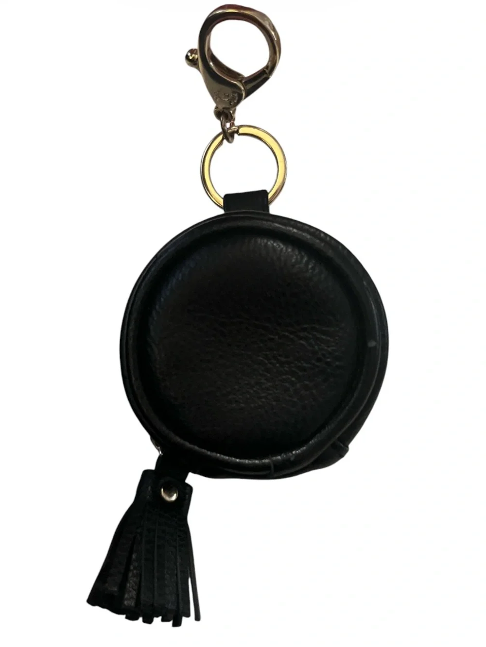 Black Faux Leather Tassel Keychain Earbud Pouch Bag Charm Gold tone Hardware